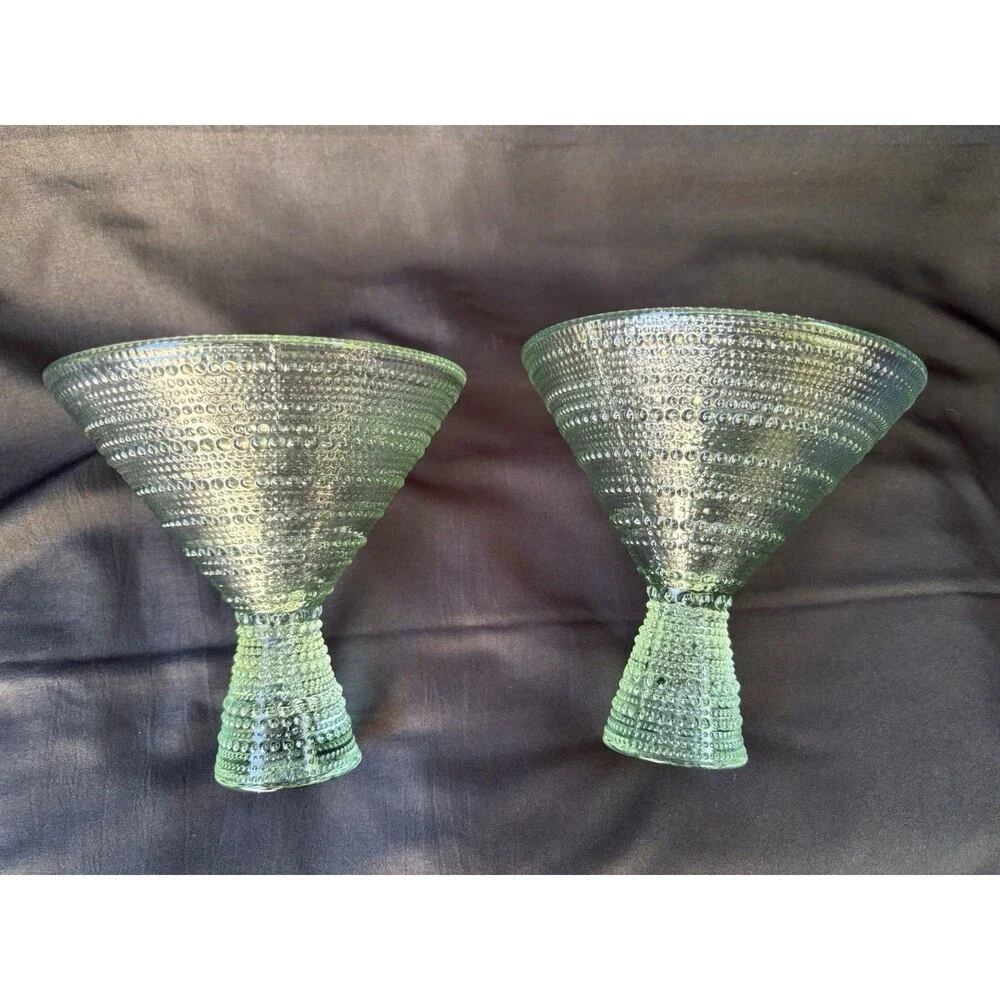 Unmarked Set of 2 Green Textured Glass Martini Glasses 5in Diameter